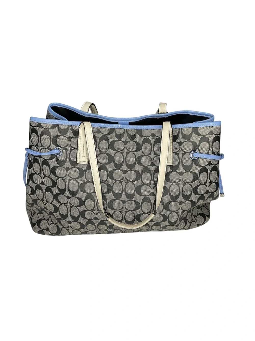 Coach Signature Stripe Drawstring Tote Bag Blue Canvas Leather F23049